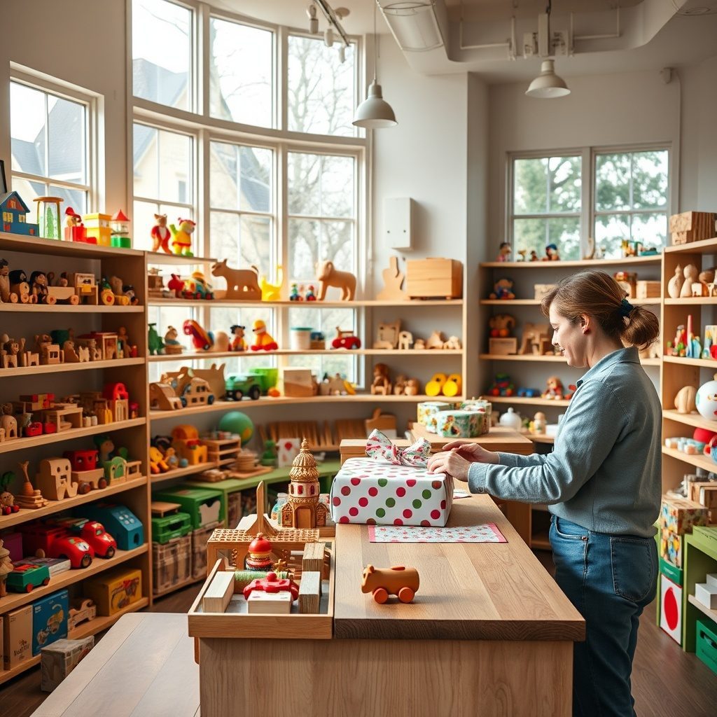 Wooden toys displayed in a playful setting